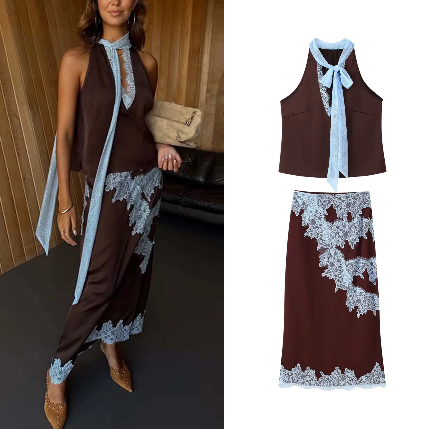 Femmes printemps été nouveau Sexy dentelle broderie épissage jupe ensemble femme élégant col en v à