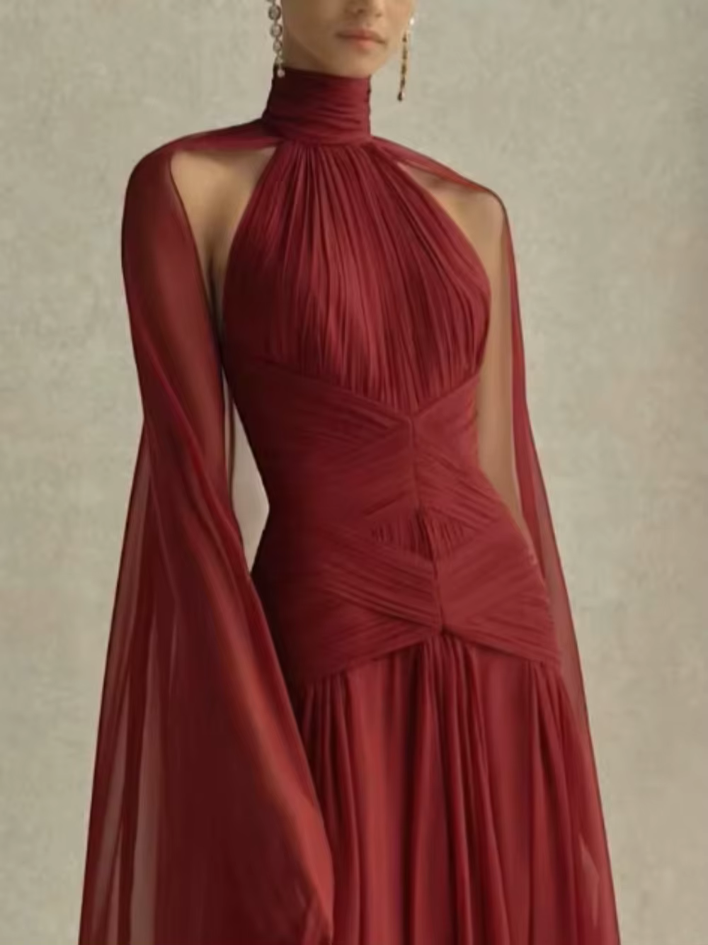 Robe de soirée en mousseline bordeaux à col montant et manches cape pour femme, plissée, simple, élé
