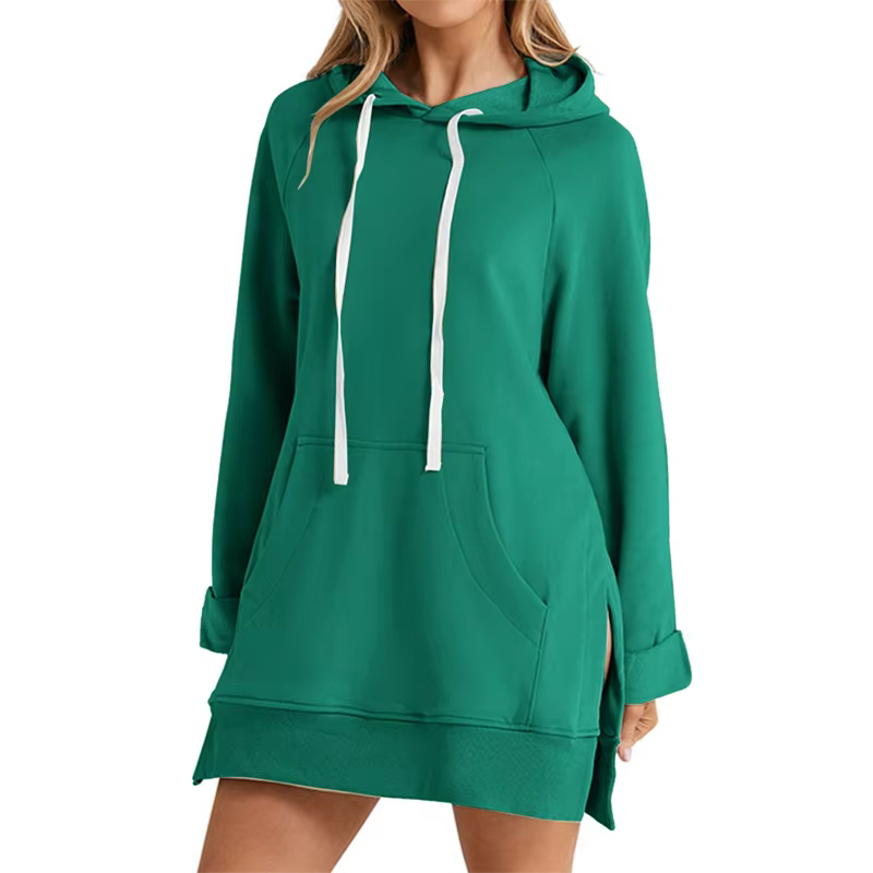 Robe à capuche pour femmes, ourlet fendu, cordon de serrage, ample avec grande poche, pull à capuche