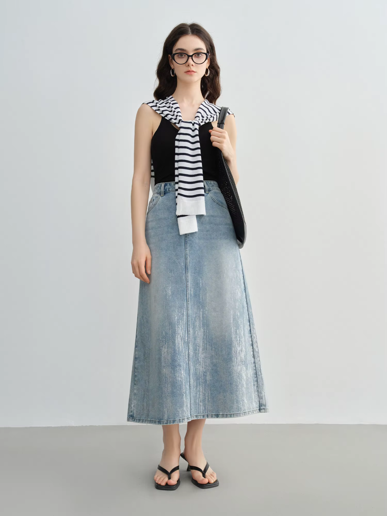 DUSHU taille incluse femmes mode argent pressé jupe en jean pour l'été 2025 taille haute minceur mi 