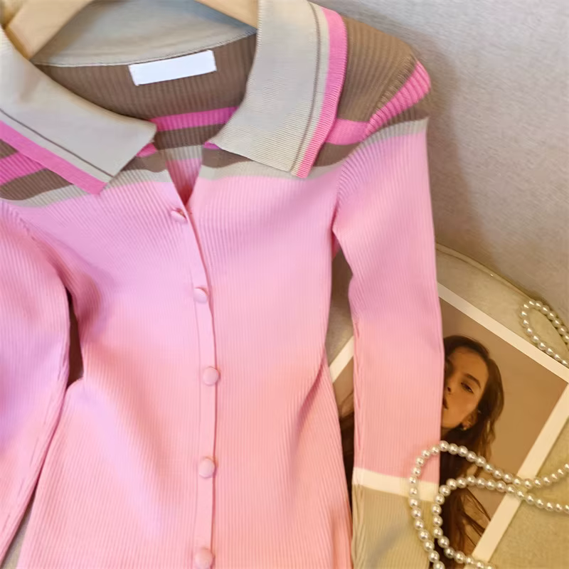  Cardigan ajusté doux en tricot, Style Blazer rose élégant, col contrasté, vêtements de bureau po