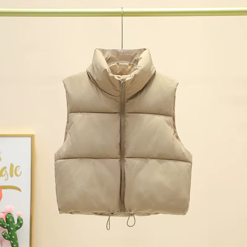 Gilet court sans manches pour femme, veste chaude à col montant avec fermeture éclair, manteaux cour