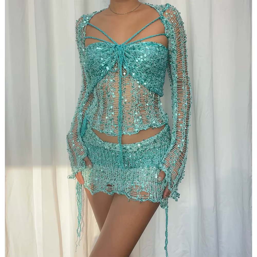 Robe tricotée au Crochet, ensemble jupe deux pièces, vêtements d'hiver pour femmes, haut court Sexy,