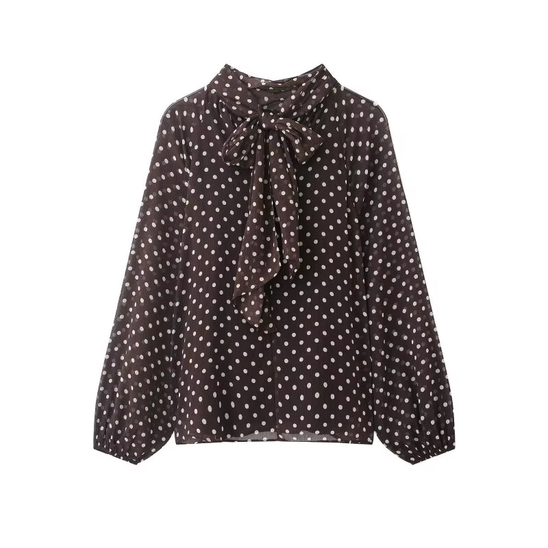 Chemisier élégant à pois pour femme, chemise en mousseline à col superposé et manches lanternes avec