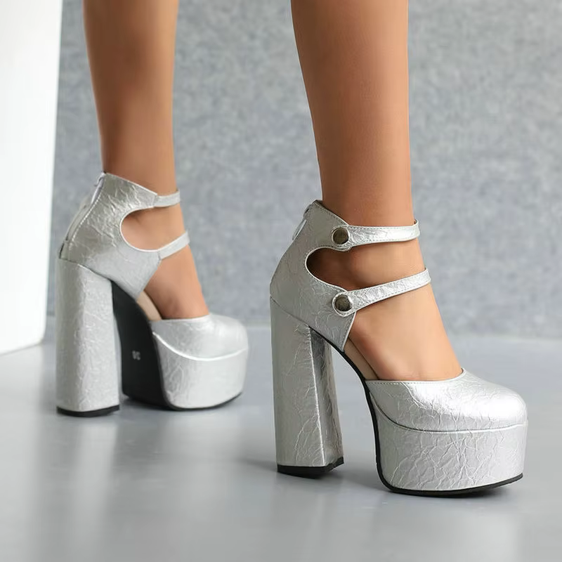 Escarpins en cuir PU pour femmes, chaussures à talons hauts, plateforme carrée, robe ronde, grande t