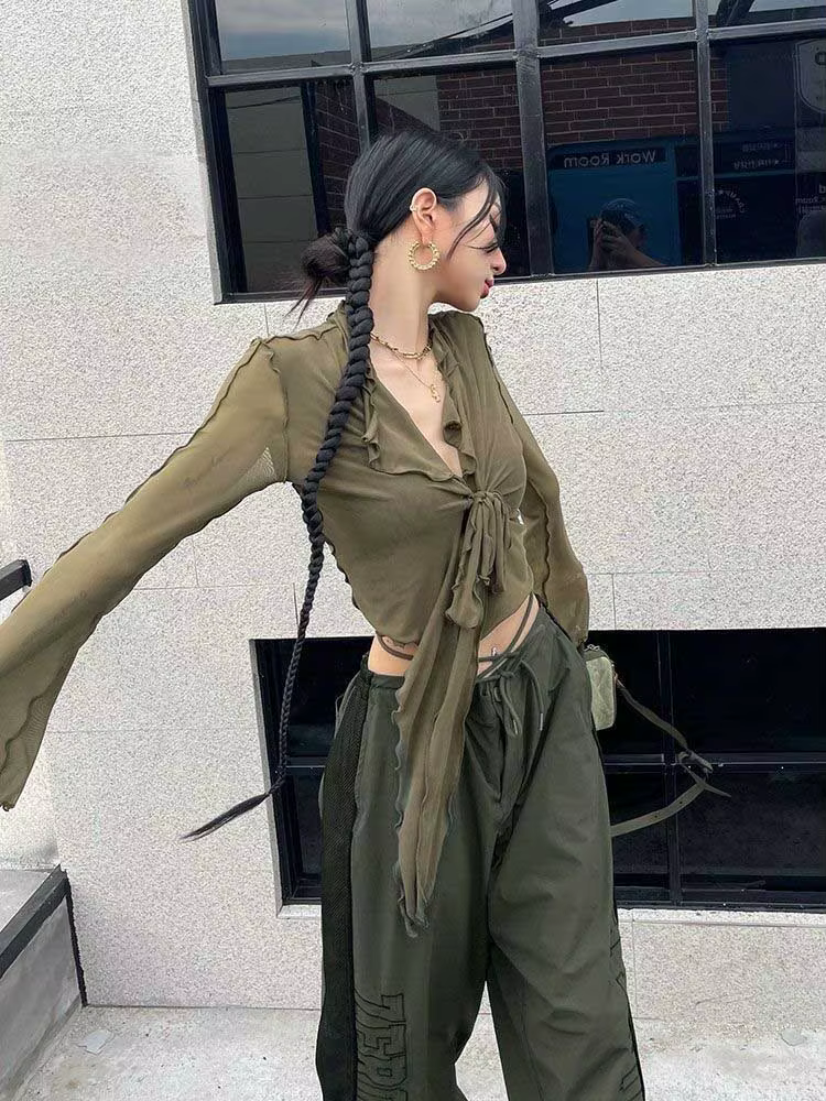 Chemisiers à manches longues évasées pour femmes, maille à lacets, Sexy, doux, tendance, Style corée