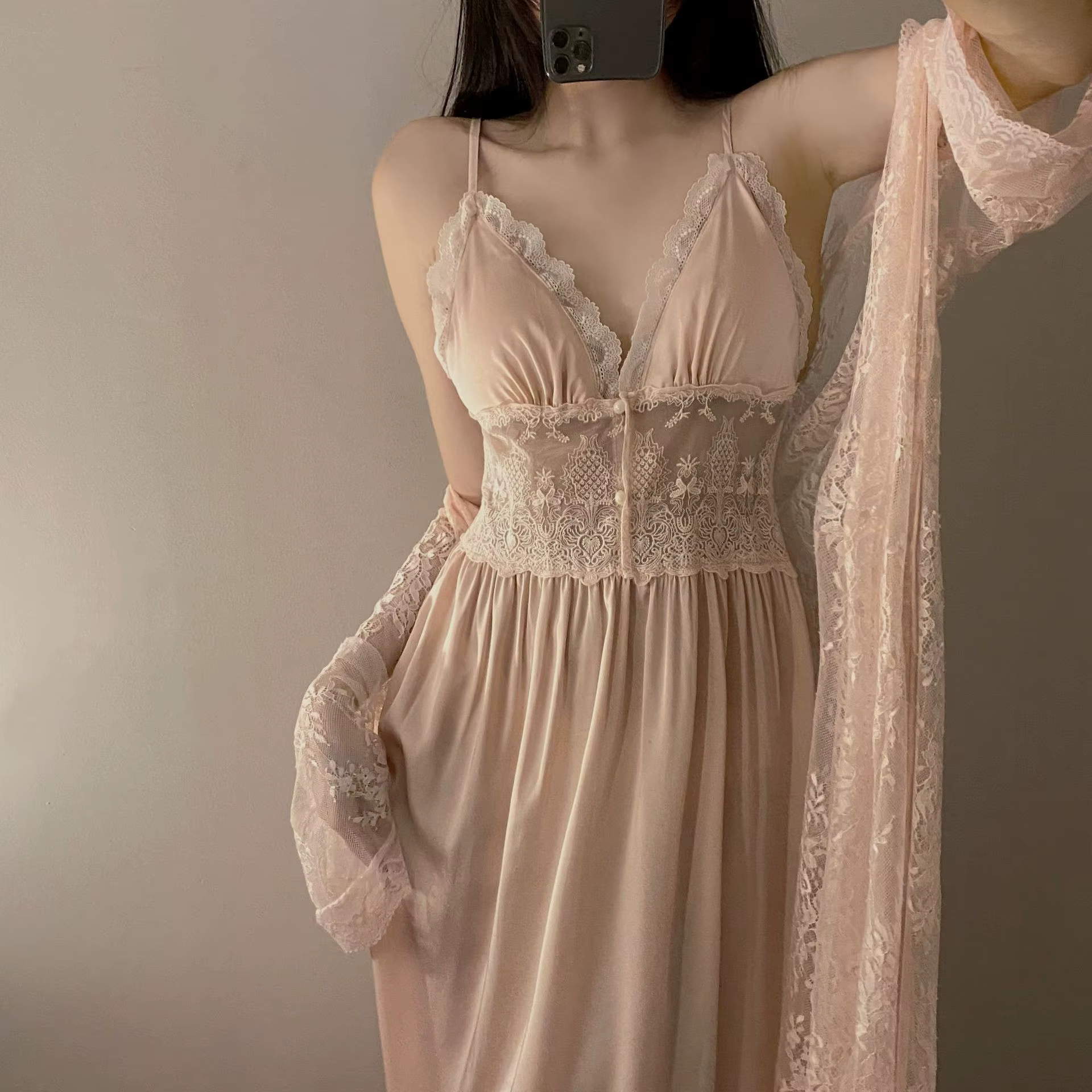 Automne Femme dentelle vêtements de nuit peignoir Lingerie deux pièces rayonne Robe costume femmes c