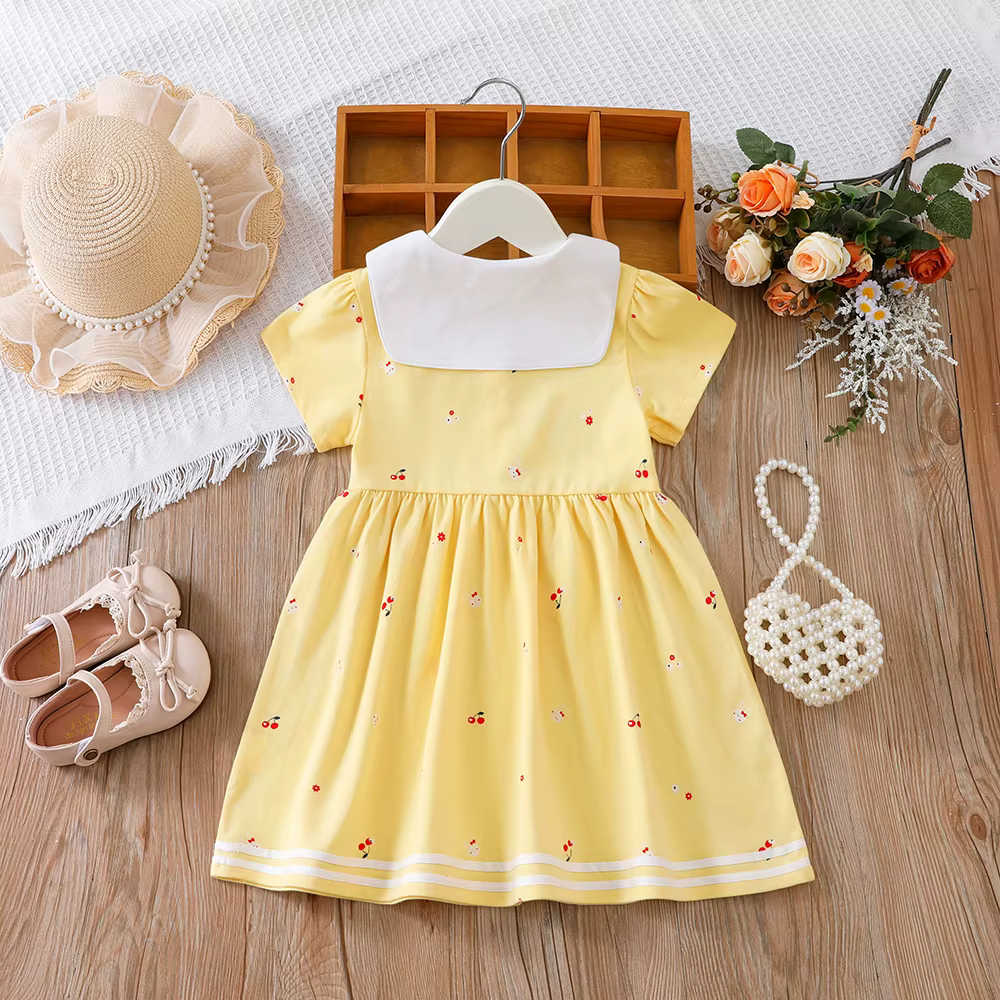 Robe d'été pour bébés filles de 2 à 6 ans, vêtements en coton à manches courtes et col rabattu