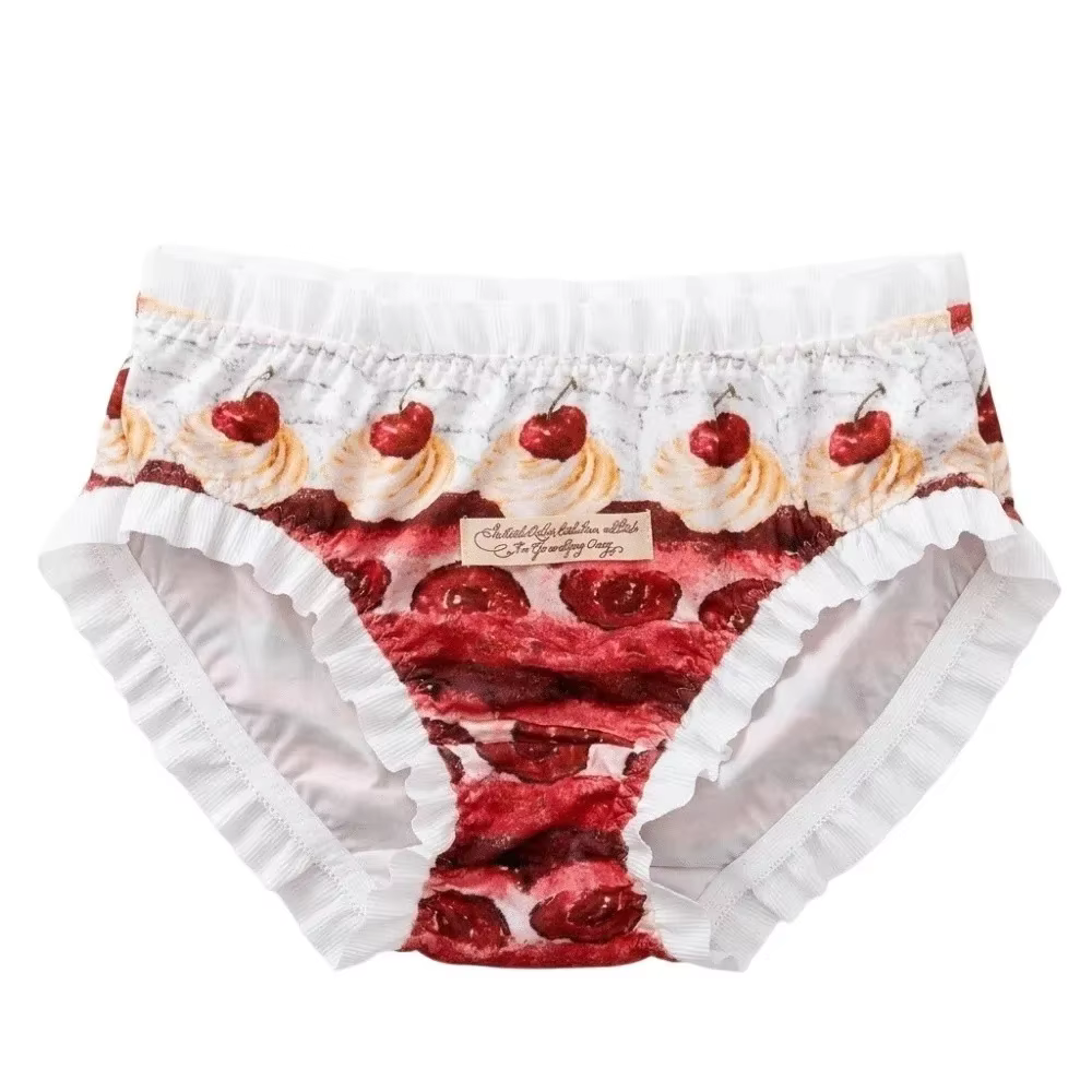 Culotte en soie glacée Lolita Cherry Brownie, entrejambe en coton, taille basse, avec volants mignon