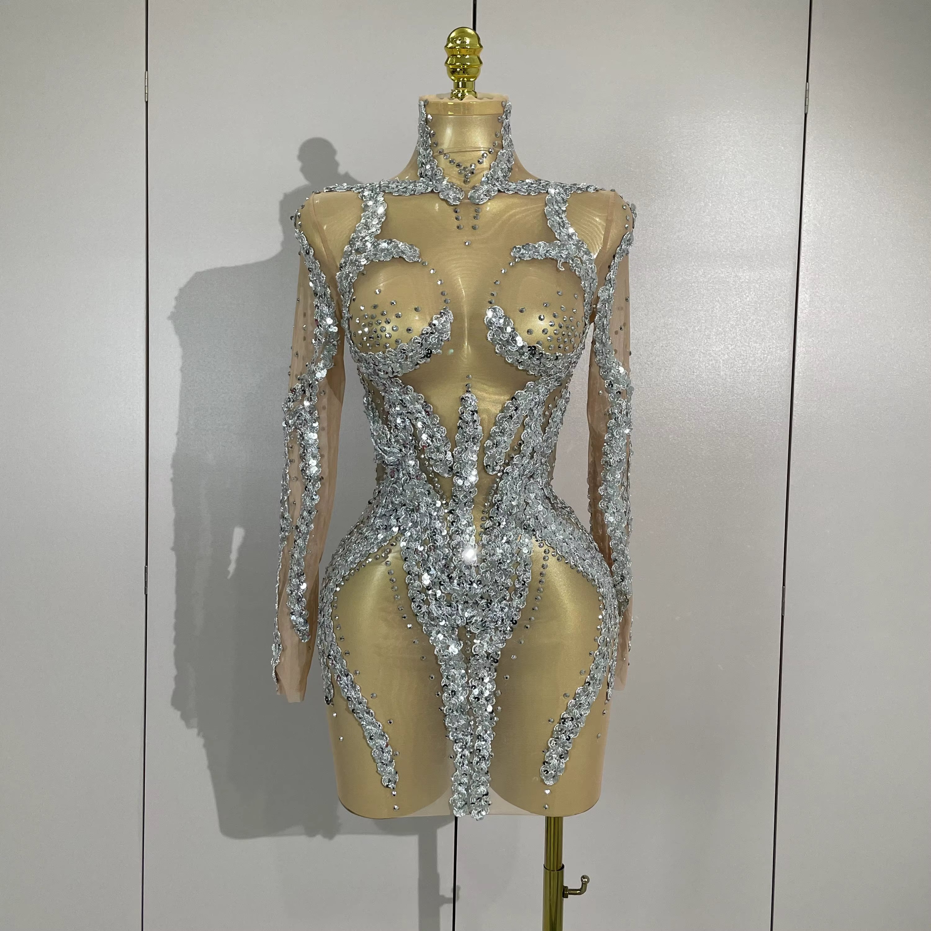 STOCK strass scintillants Sexy maille transparente Mini robe réveillon fête d'anniversaire danse dis