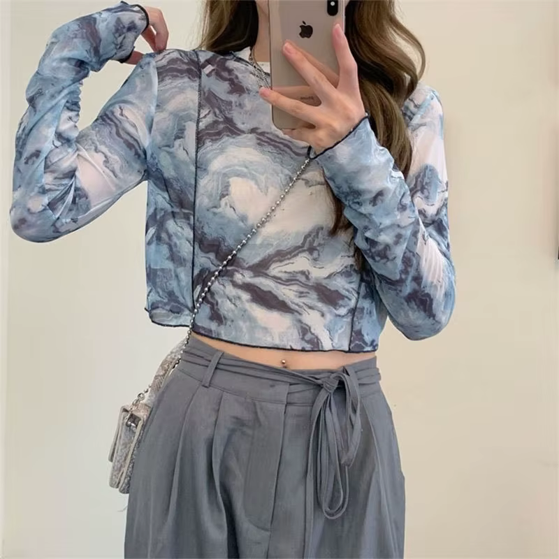 T-shirts à manches longues femmes cravate-teinture imprimé été résistant au soleil hauts courts mode