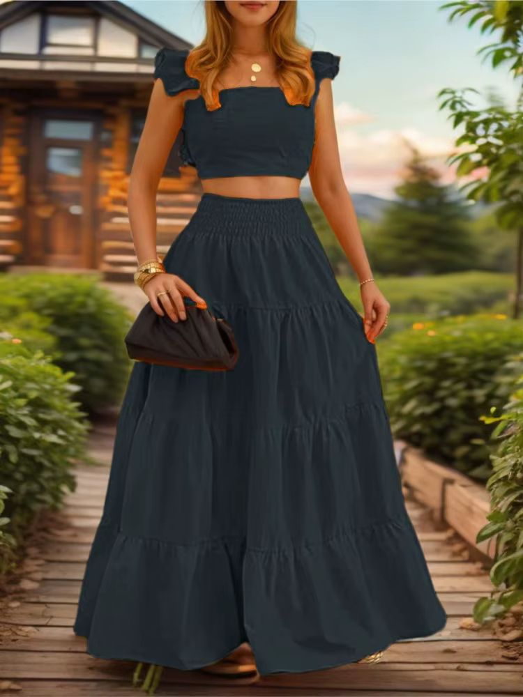 Tempérament d'été Sexy couleur unie robe ensemble femmes Simple trajet taille moyenne haut à bretell