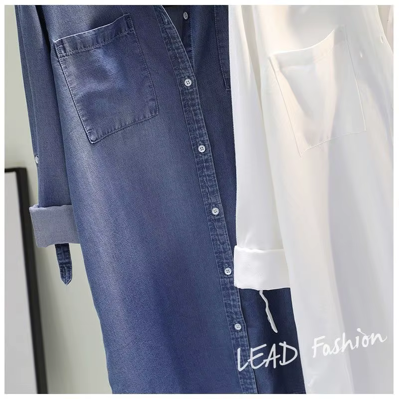 Chemise mi-longue contenant du coton pour femmes, vêtements à la mode, coupe ample, manches longues,