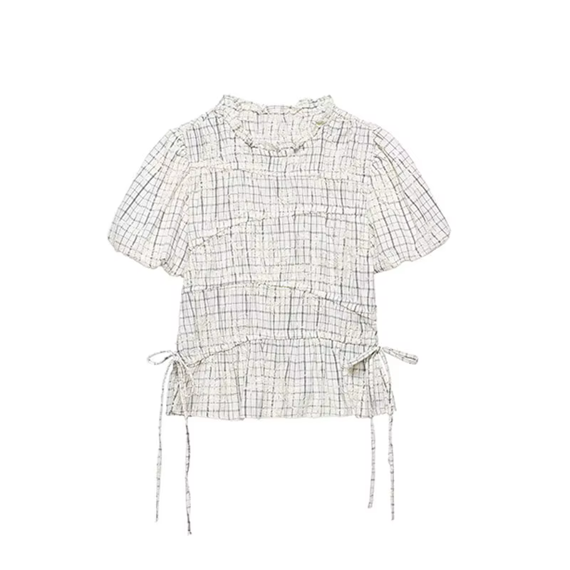 TFAFXY 2026 Ensemble d'été pour femme : Blouse brodée à carreaux avec nœud et jupe longue midi coupe