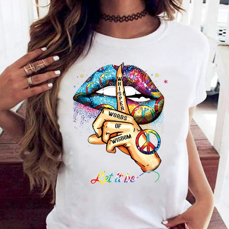 100% coton ample col rond bouche créative à manches courtes T-shirt femme surdimensionné T-shirt hau