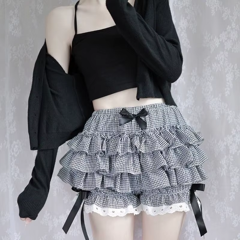 Culottes plissées noires et blanches pour femme, culottes mignonnes style citrouille, short de sécur
