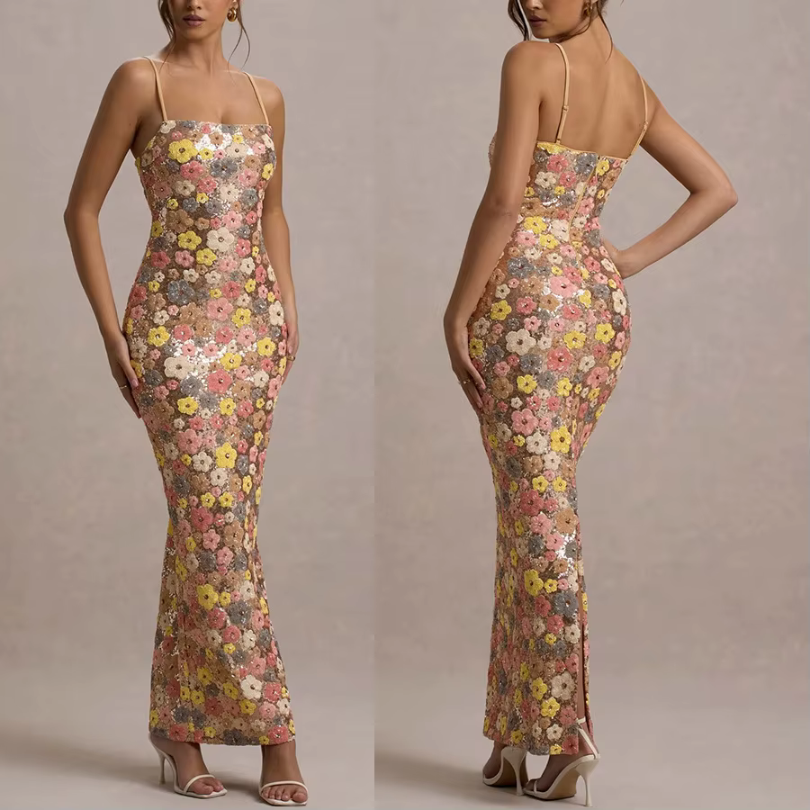 Summ femmes fleurs paillettes Patchwork mince fête longue robe sans bretelles mode Maxi robe, Sexy s