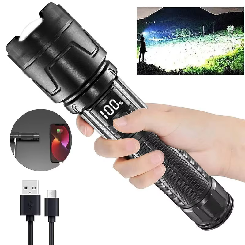 Lampe torche LED super brillante 1000000LM rechargeable USB-C avec affichage numérique, étanche IPX8
