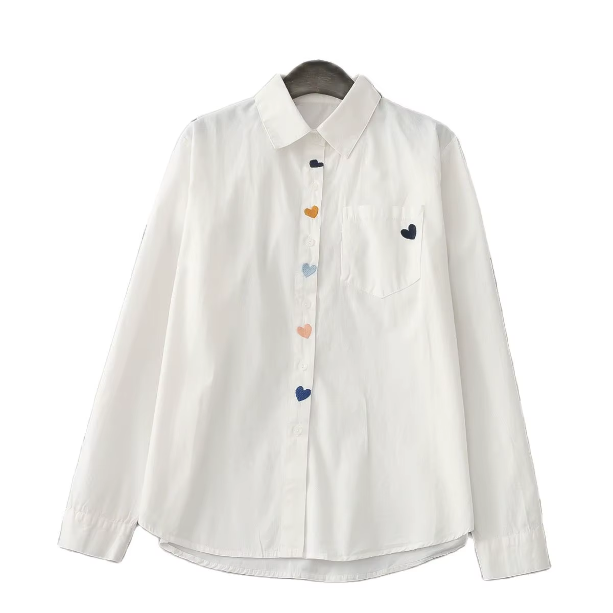 Chemises blanches brodées de coeur pour femmes, col rabattu, chemisier décontracté, manches longues,