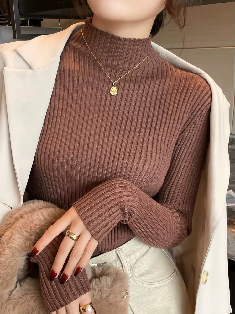 Pulls en maille unie slim chic pour femme, col roulé, manches longues, décontractés, chauds, basique