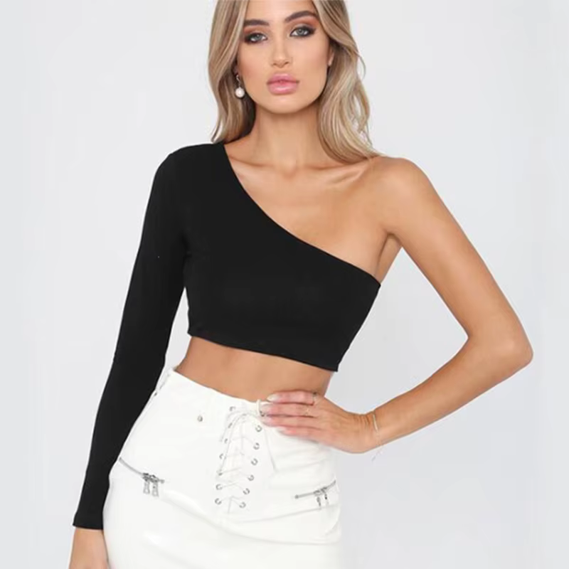 CDJLFH Sexy une épaule haut court t-shirt femmes col diagonale à manches longues t-shirt décontracté