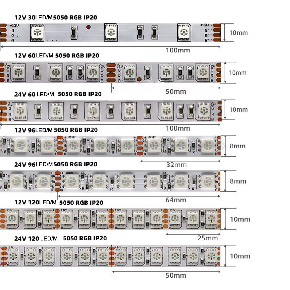Bande lumineuse LED RGB Flexible, 5m, 12V, 24V DC, 30 diodes/m, 60 diodes/m, 96 diodes/m, 120 diodes