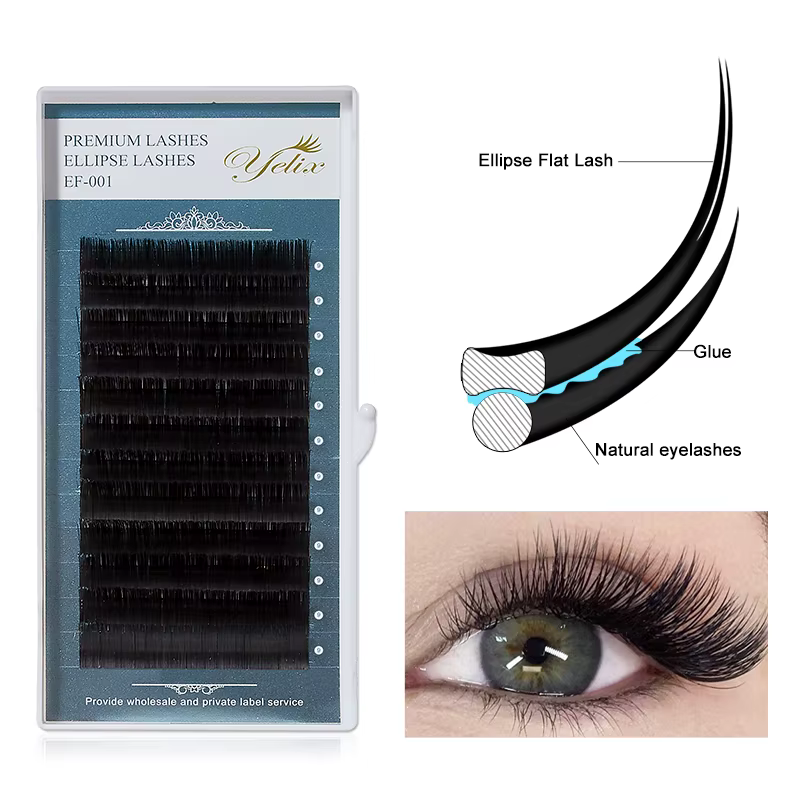 Yelix cils Ellipse plats pointes fendues B/C/CC/D/D + cils bouclés 0.15mm 0.20mm fournitures d'exten