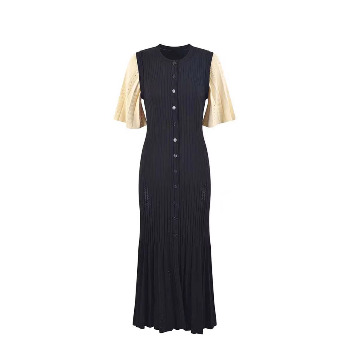 Robe tricotée française ajourée à la mode, style d'été, amincissante, ligne a, manches courtes, robe