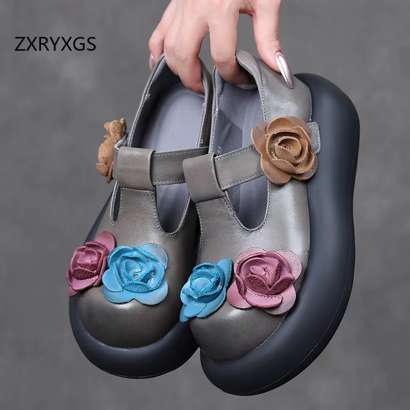 ZXRYXGS 2025 classique rétro haut peau de vache à la main fleur femmes chaussures à la mode plate-fo