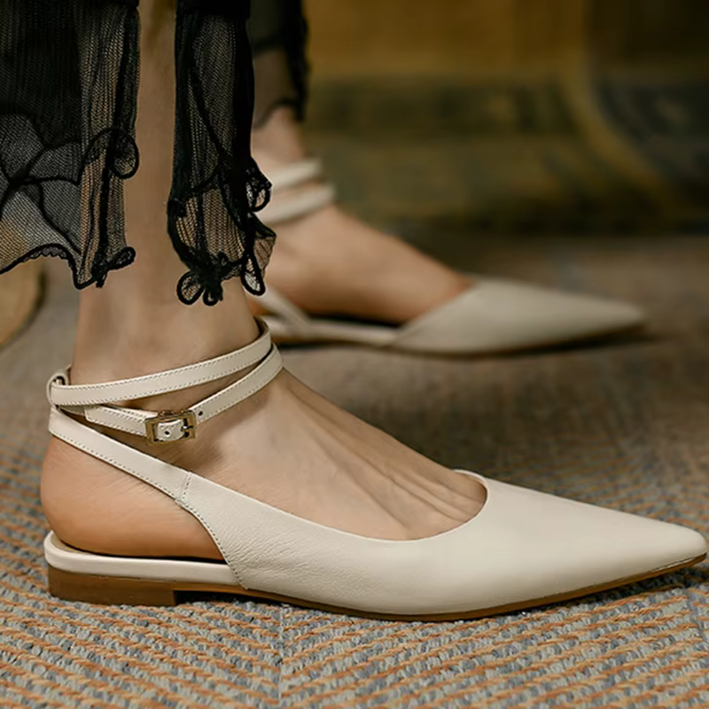 Sandales en Cuir group pour Femme, Chaussures Plates Beige Abricot, Fermées, Pointues, Slingbacks, P