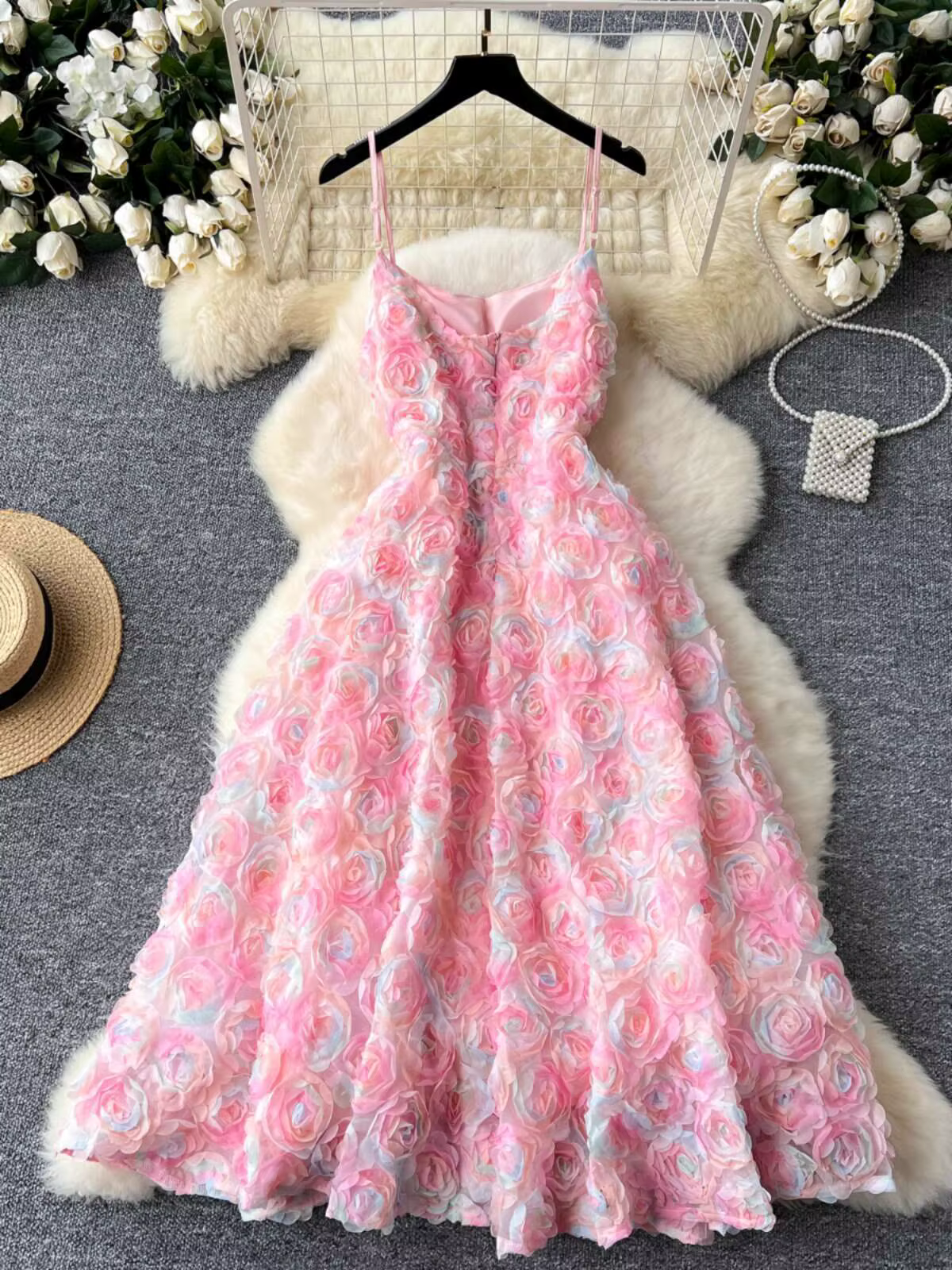 JAMERARY-Robe rose fleurie 3D pour femme, mini robe de Rhde luxe, style palais, vacances de célébrit