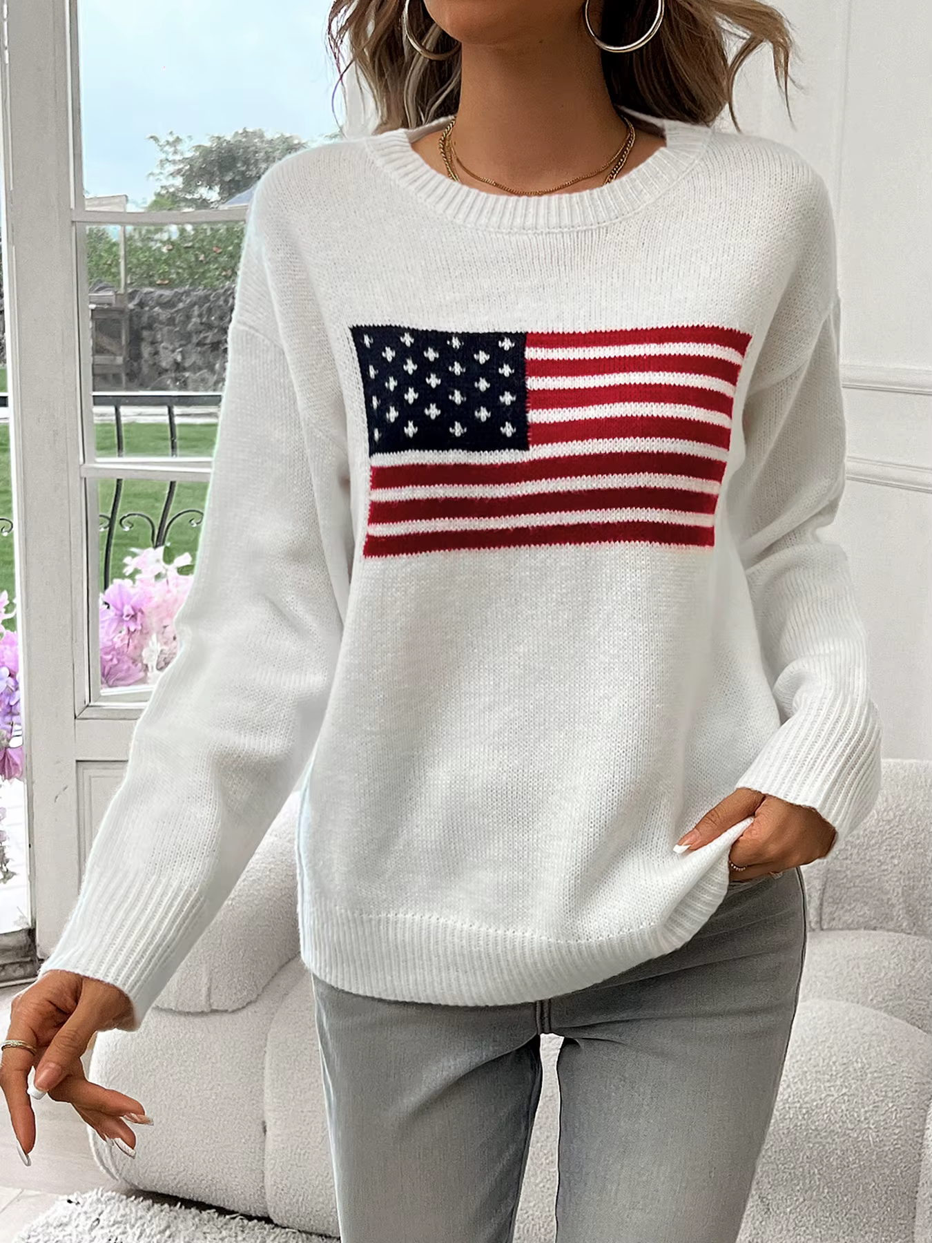 Pull à manches longues et col rond avec drapeau américain pour femme