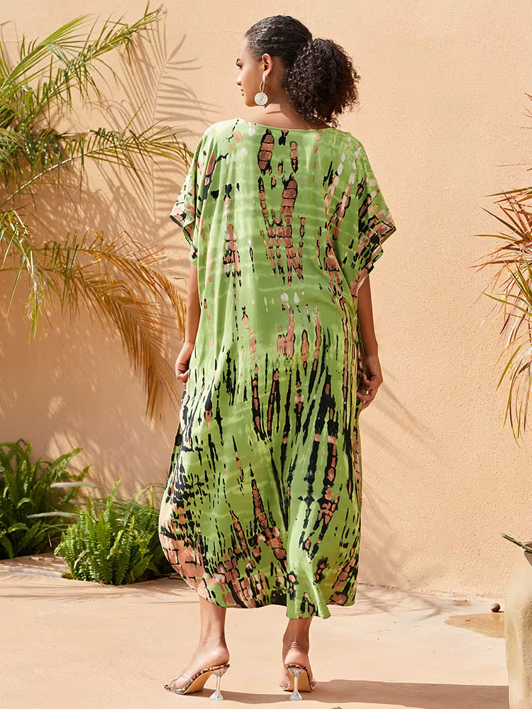 2025 bohème imprimé col en v manches chauve-souris côté fendu robe ample pour les femmes vêtements g