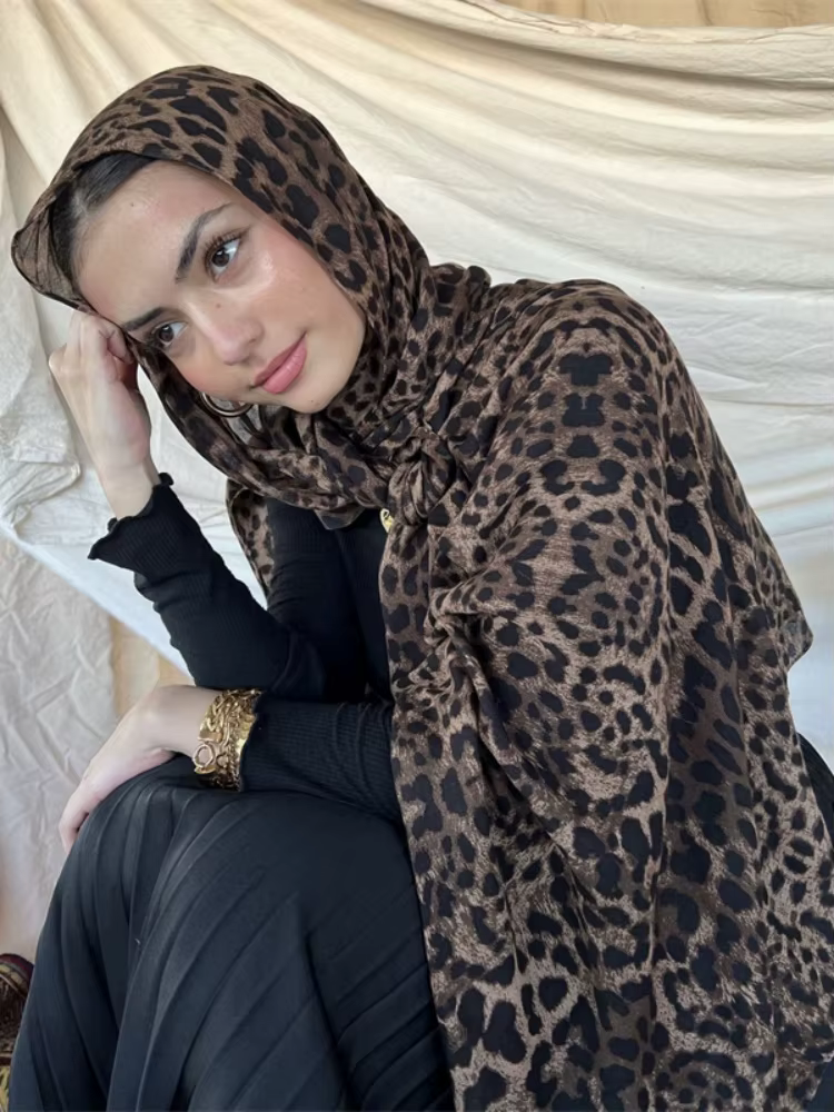 1 pièces Ramadan Hijab imprimé léopard femmes bohème aquarelle doux musulman Hijabs Floral respirant
