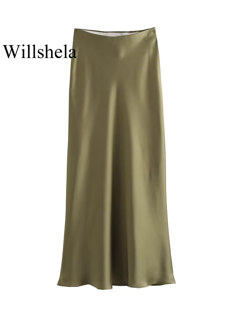 Willshela femmes mode Satin solide plissé jupe Midi Vintage taille mi élastique femme Chic dame jupe