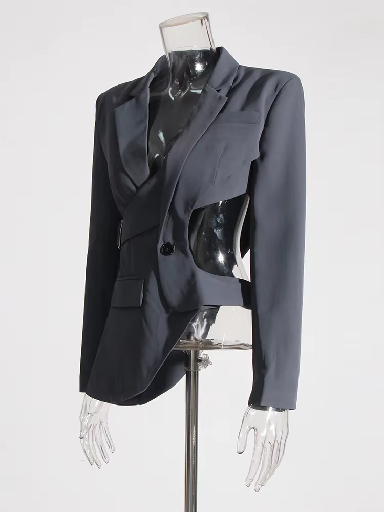TWOTWINSTYLE solide évider dos nu minceur Blazers pour les femmes col cranté à manches longues épiss