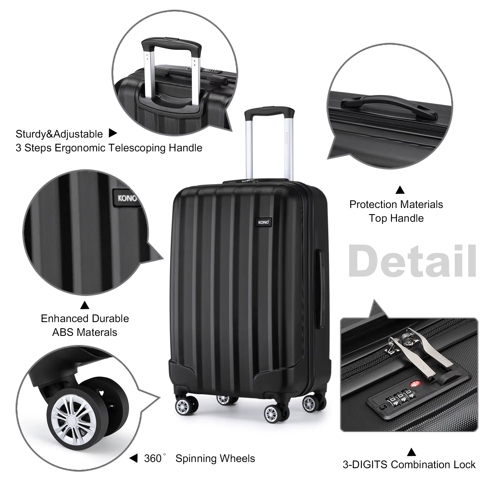 Kono-Valise de Cabine Légère en ABS de 19/24/28 Pouces, Spinner à 4 Roues, Valise Trolley de Voyage 