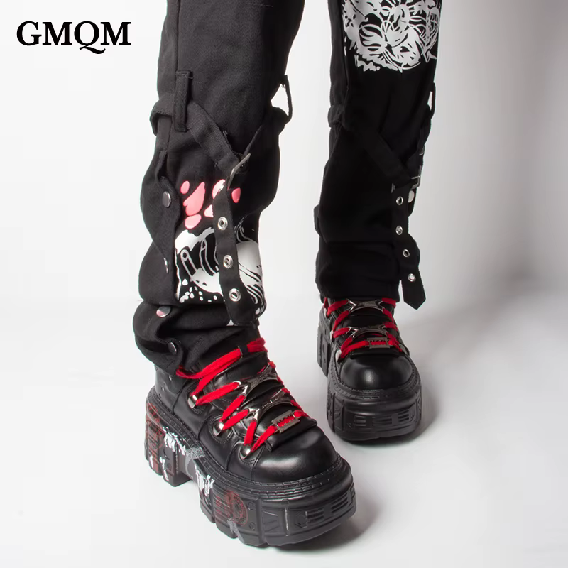 GMQM – bottines à plateforme plate pour femmes, Style Punk, noir, rouge, talons hauts, bout rond, se
