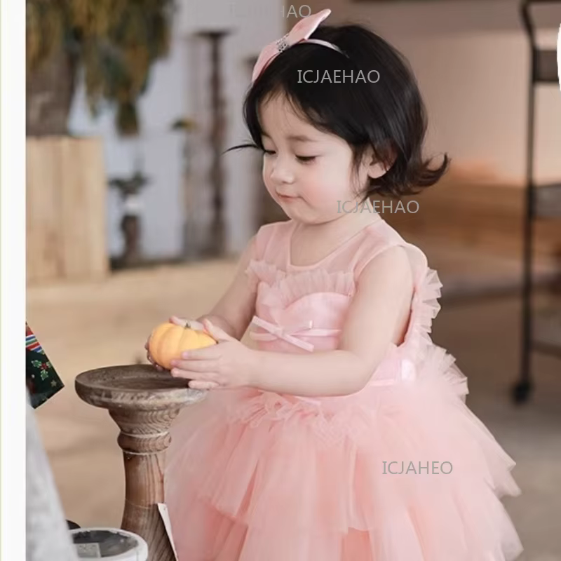 Robe de Premier Anniversaire pour Filles, Robe de Princesse Rose Pâle Premium, Robe de Demoiselle d'
