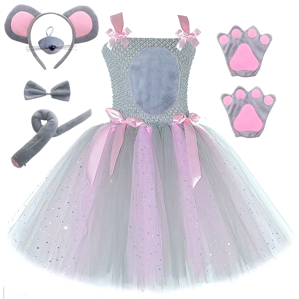 Costumes de souris rose gris scintillant pour bébés filles, robe Tutu de Rat gris pour enfants, tenu