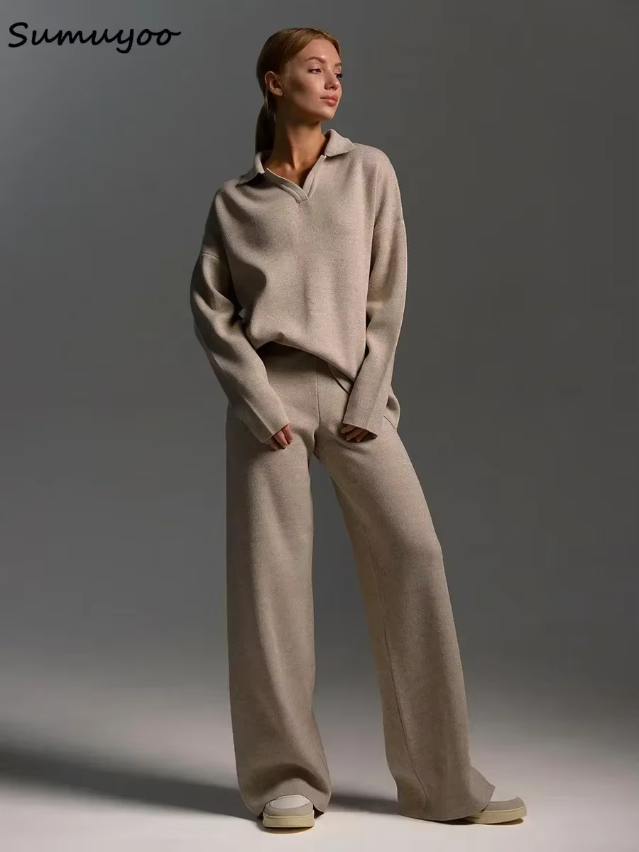Sumuyoo hiver épais femmes tricoté costumes cachemire doux 2 pièces ensembles femme col Polo pull et
