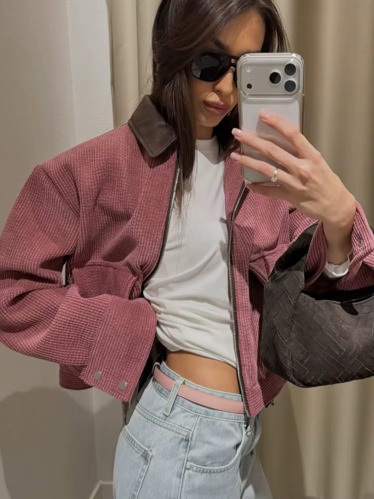 Veste décontractée rose SLTNX pour femme, coupe ample, style streetwear, avec fermeture éclair et po