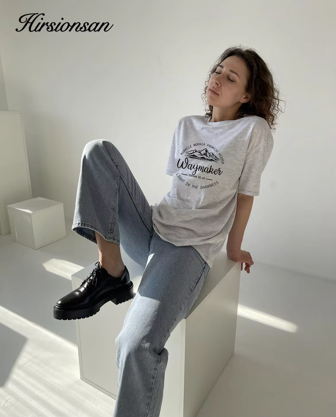 Hirsionsan-T-shirt col rond femme, 100% coton, imprimé montagne, vintage, décontracté, chic, été, 20