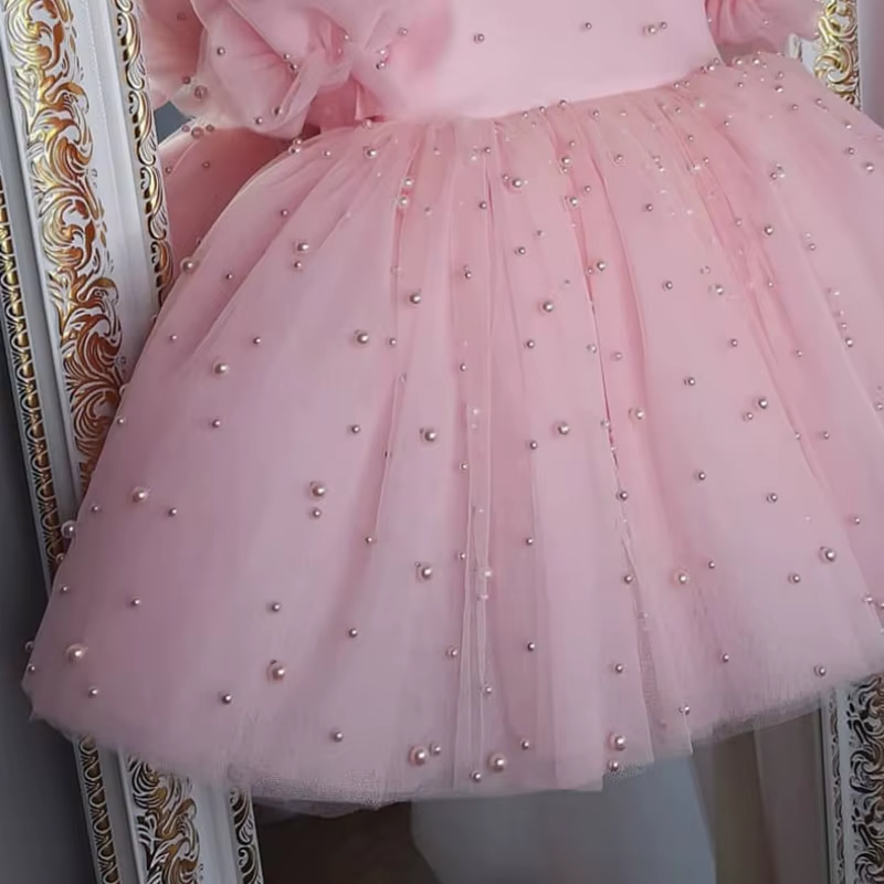Robe de princesse tutu perlée pour bébé fille, manches bouffantes, nœud en tulle, vêtements de fête 