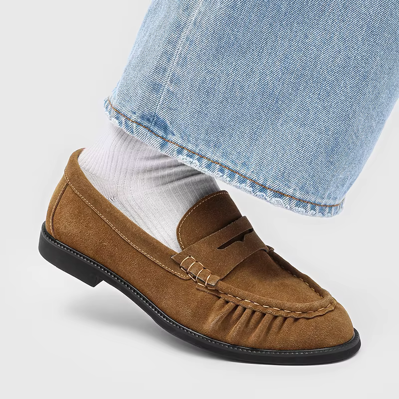 Mocassins noirs en cuir véritable pour hommes avec bout plissé, chaussures habillées confortables à