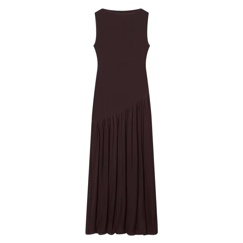 Robe mi-longue plissée marron sans manches à col montant pour femme ETJ, coupe fluide, style minimal