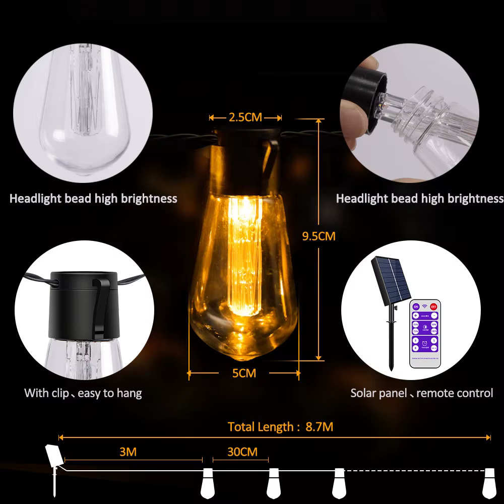 Guirlande solaire haute luminosité, 20 pieds (8M), 20 ampoules incassables, étanche S14 LED, guirlan