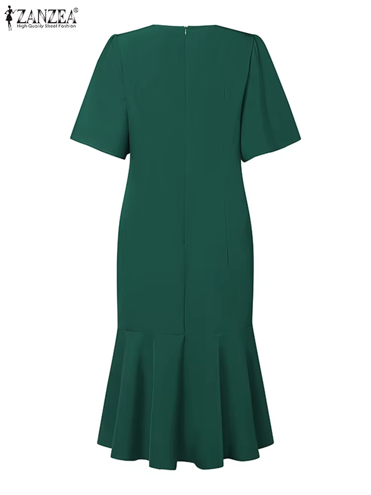 ZANZEA – Robe sirène élégante pour femmes, mode, manches courtes, col rond, ourlet à volants, ajusté