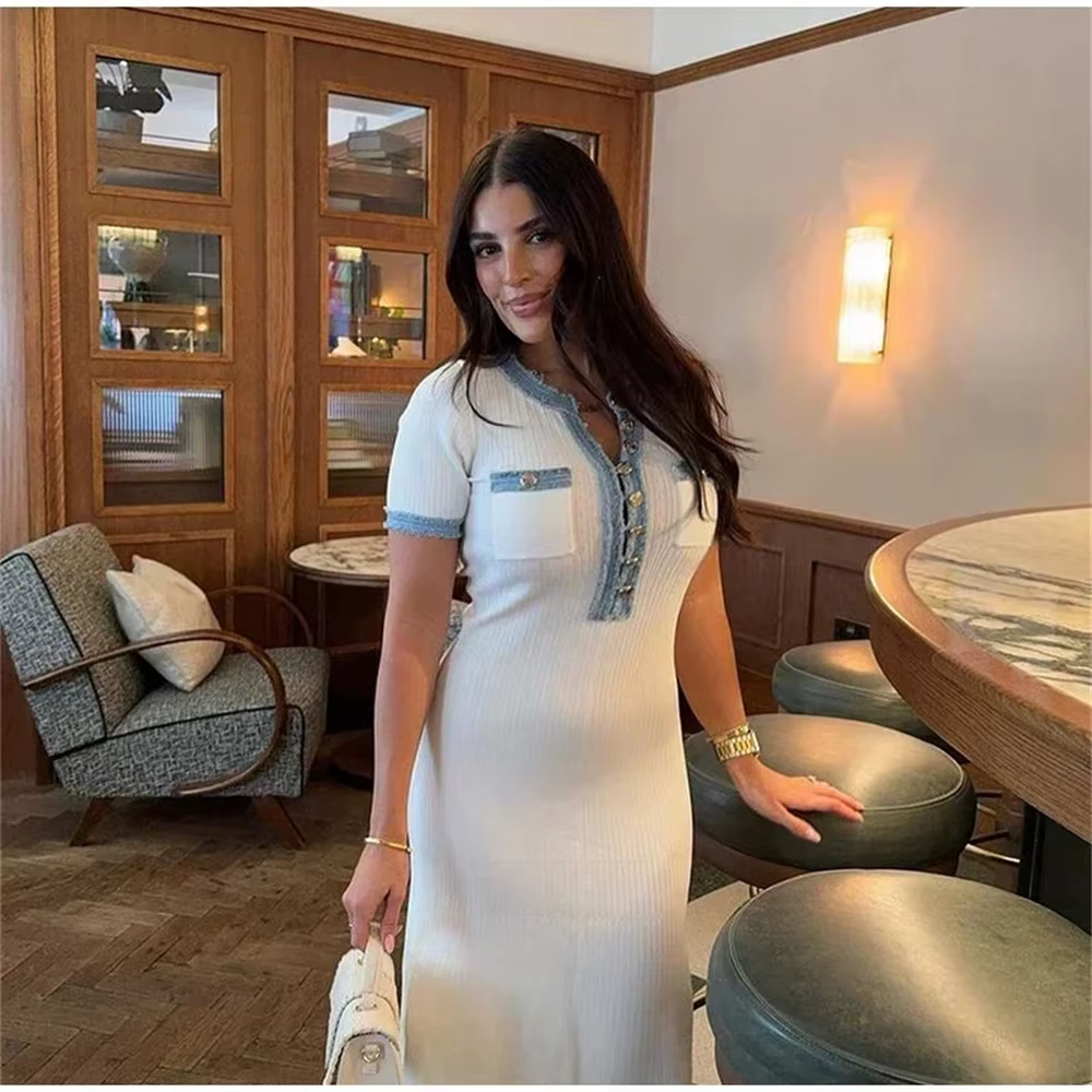 Robe Maxi en tricot pour femmes, élégante, contrastée, Chic, col rond, manches courtes, boutons méta