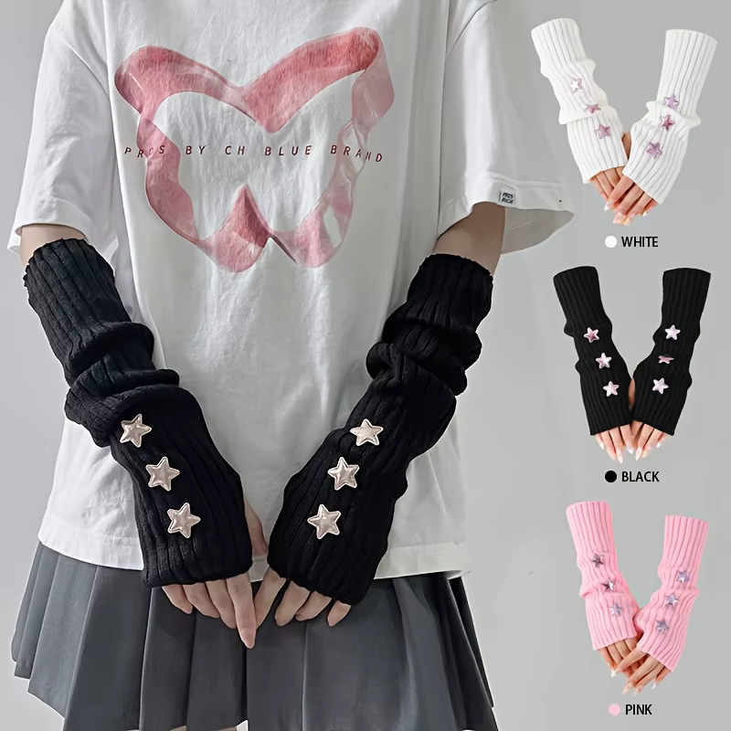 1 paire de gants sans doigts pour femmes, avec décoration d'étoiles, blanc/noir/rose, lavables en ma